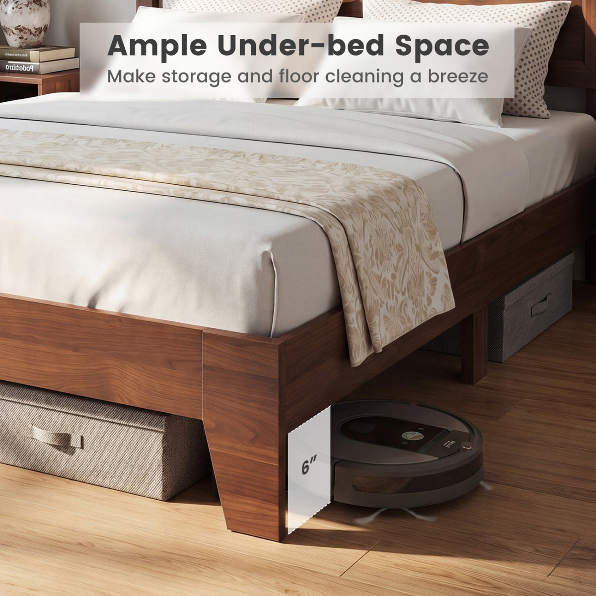 Full Size Modern Wood Platform Bed with Panelled Headboard and Adjustable Foot Pads, Walnut