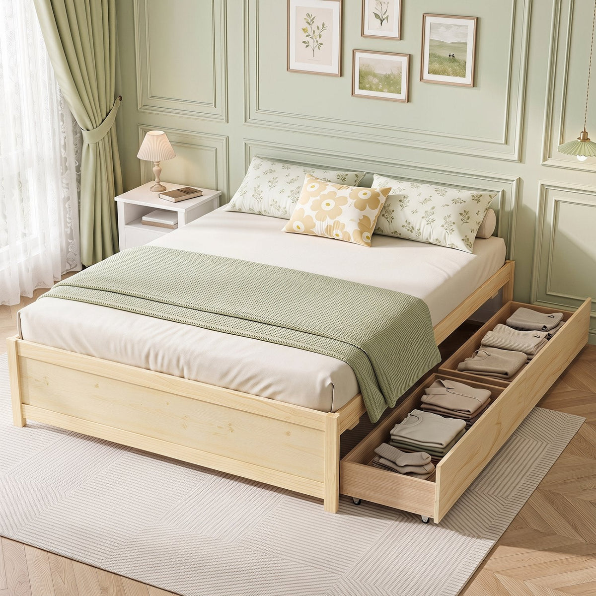 Full Size Wooden Bed Frame with 2 Rolling Storage Drawers-Natural