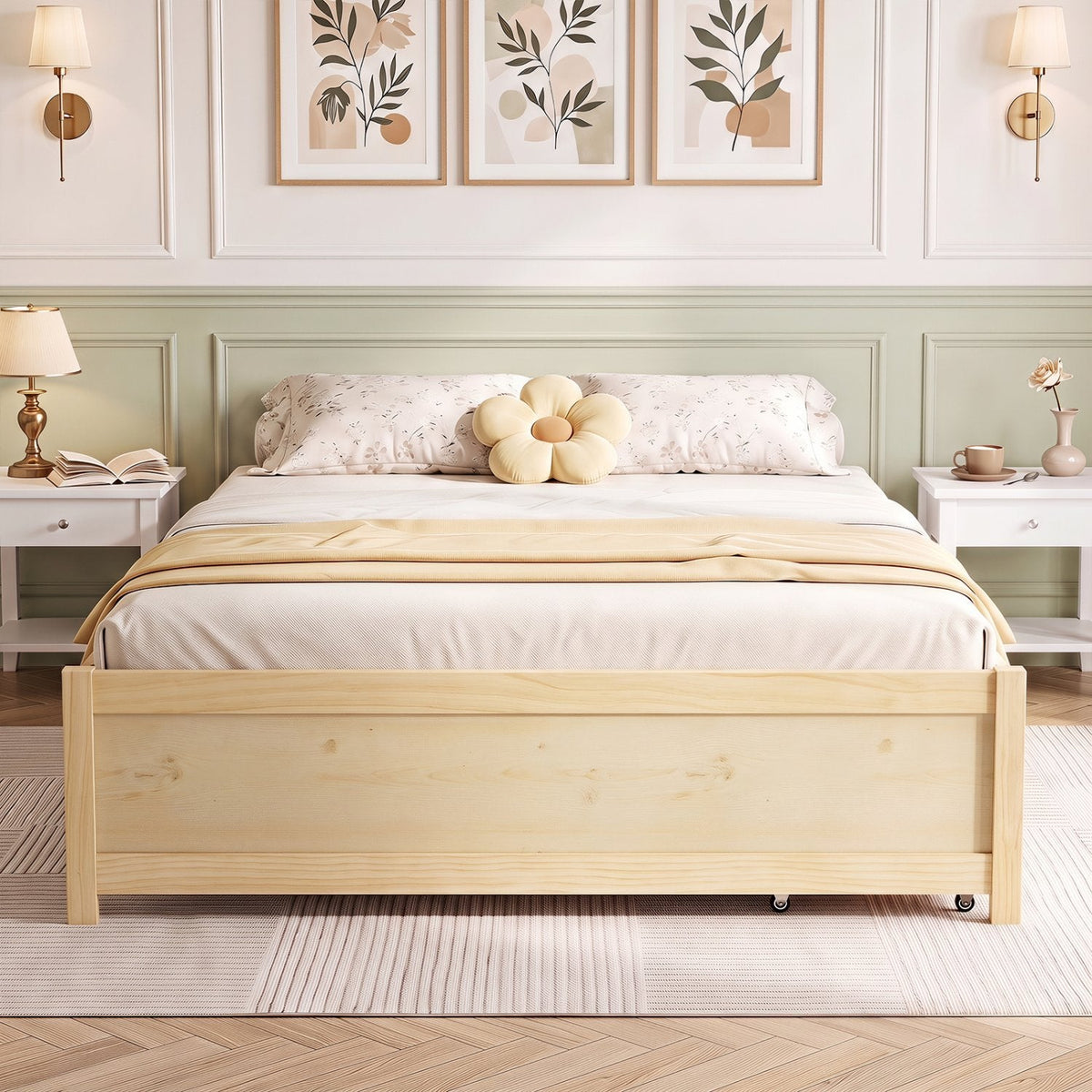 Full Size Wooden Bed Frame with 2 Rolling Storage Drawers-Natural