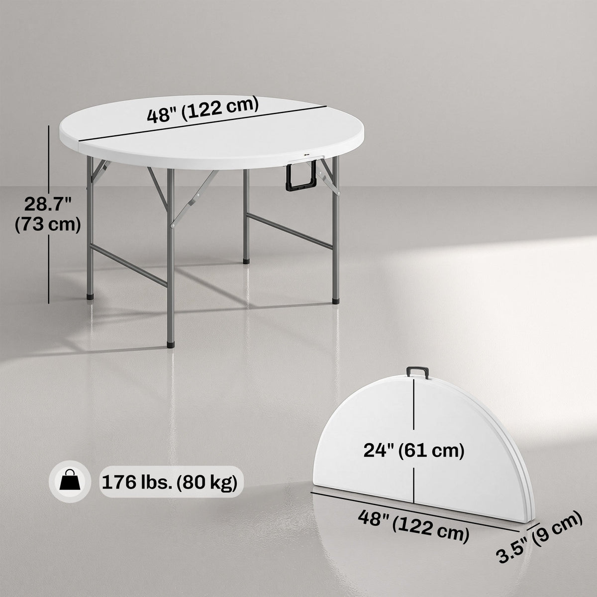 Φ48" Folding Patio Table, Outdoor HDPE Picnic Table, Card Table for 6, Round Folding Banquet with Metal Frame, White