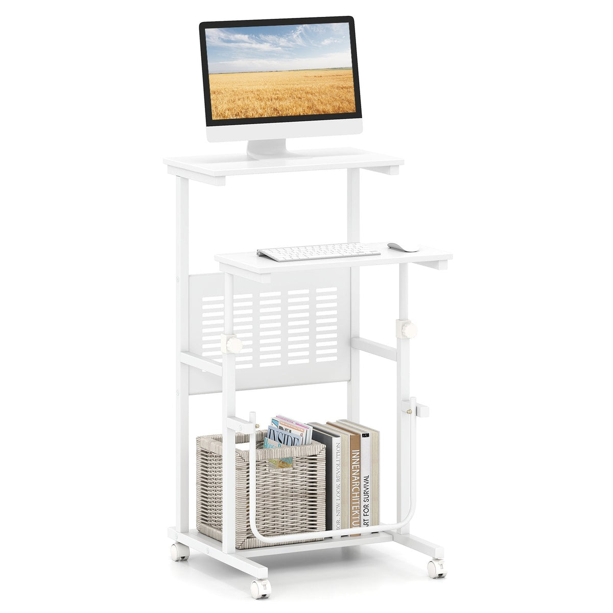 Height Adjustable Mobile Computer Stand-Up Desk with Two Modes-White
