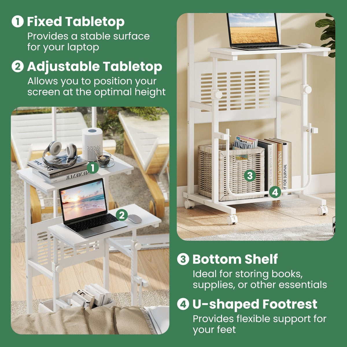 Height Adjustable Mobile Computer Stand-Up Desk with Two Modes-White