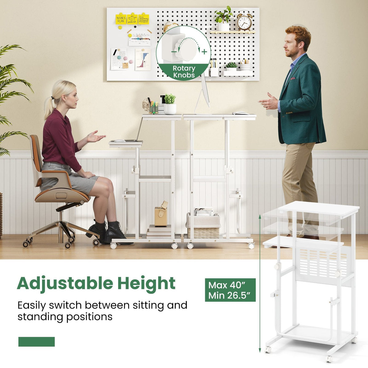 Height Adjustable Mobile Computer Stand-Up Desk with Two Modes-White