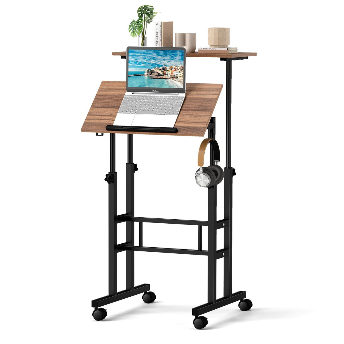 Height-adjustable Mobile Standing Desk with Split Top and Adjustable Angle-Walnut