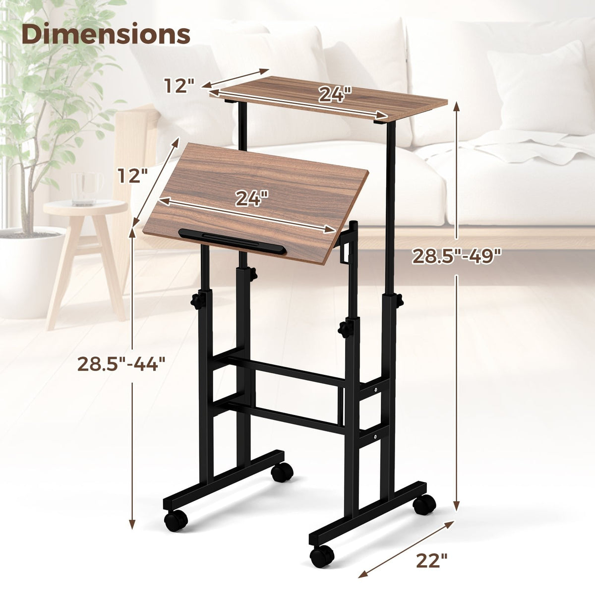 Height-adjustable Mobile Standing Desk with Split Top and Adjustable Angle-Walnut