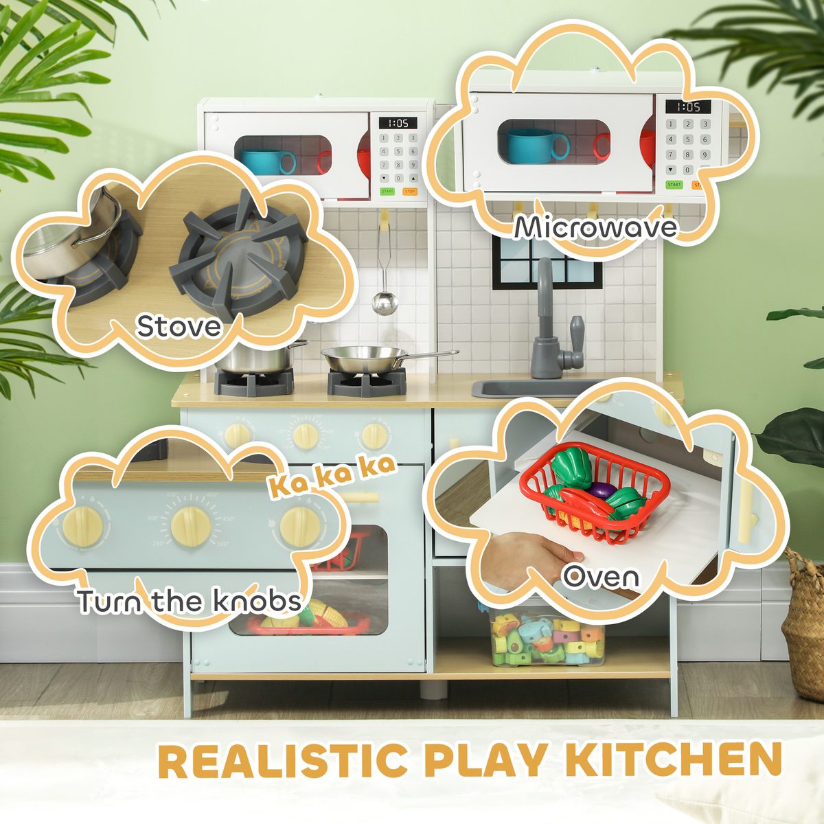 Pretend Play Kitchen, Kids Kitchen Playset with Stove Microwave Oven, Turning Knobs, Cooking Accessories