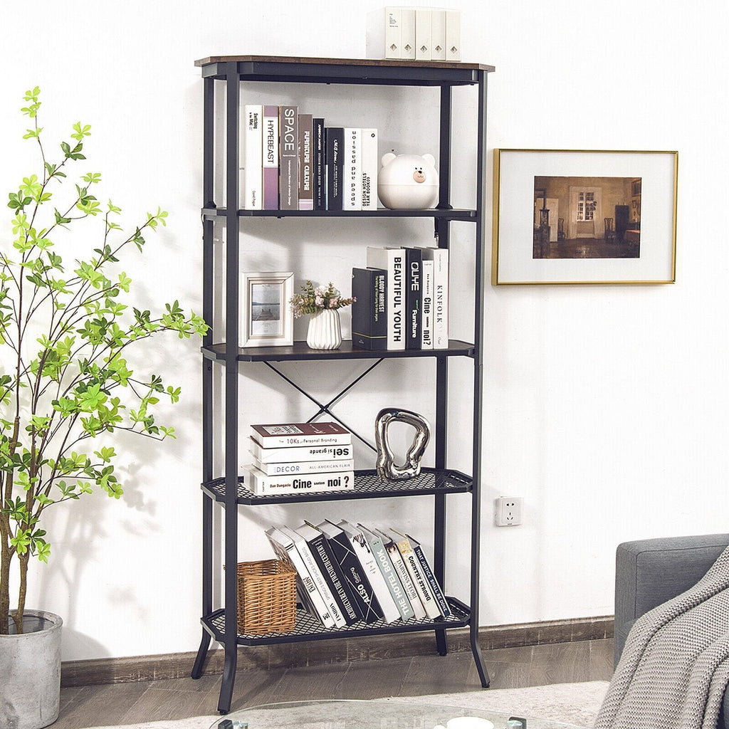 Industrial 5 Layer Bookshelf with Out Stretched Legs, Rustic Brown and Black
