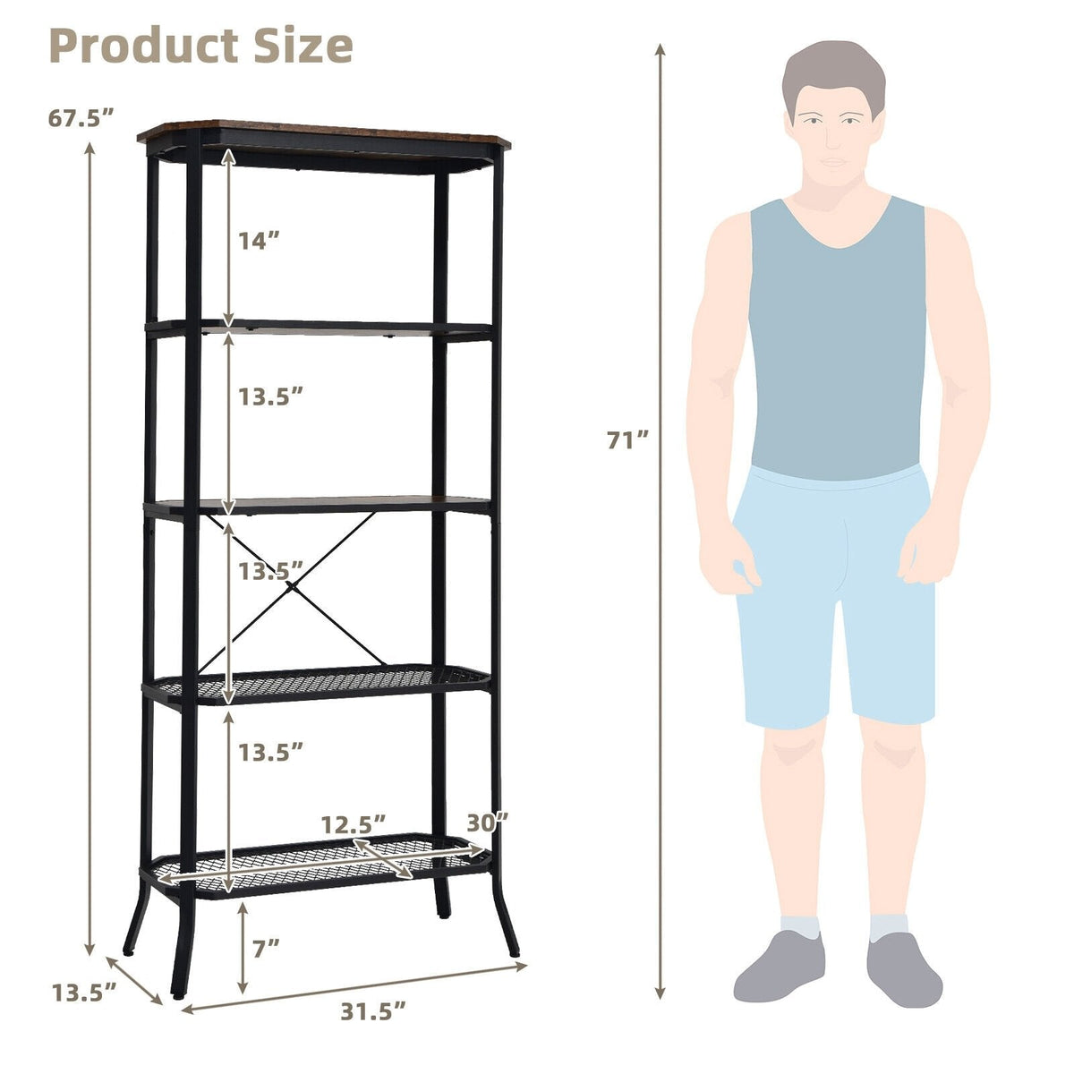 Industrial 5 Layer Bookshelf with Out Stretched Legs, Rustic Brown and Black