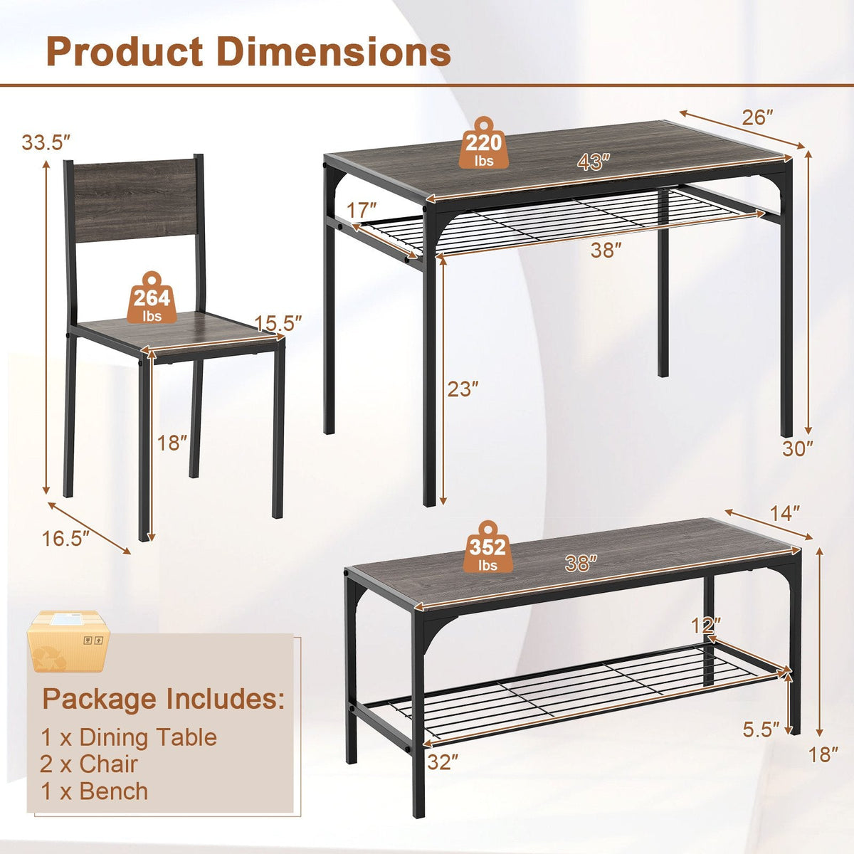 Industrial Style Rectangular Kitchen Table with Bench and Chairs-Gray