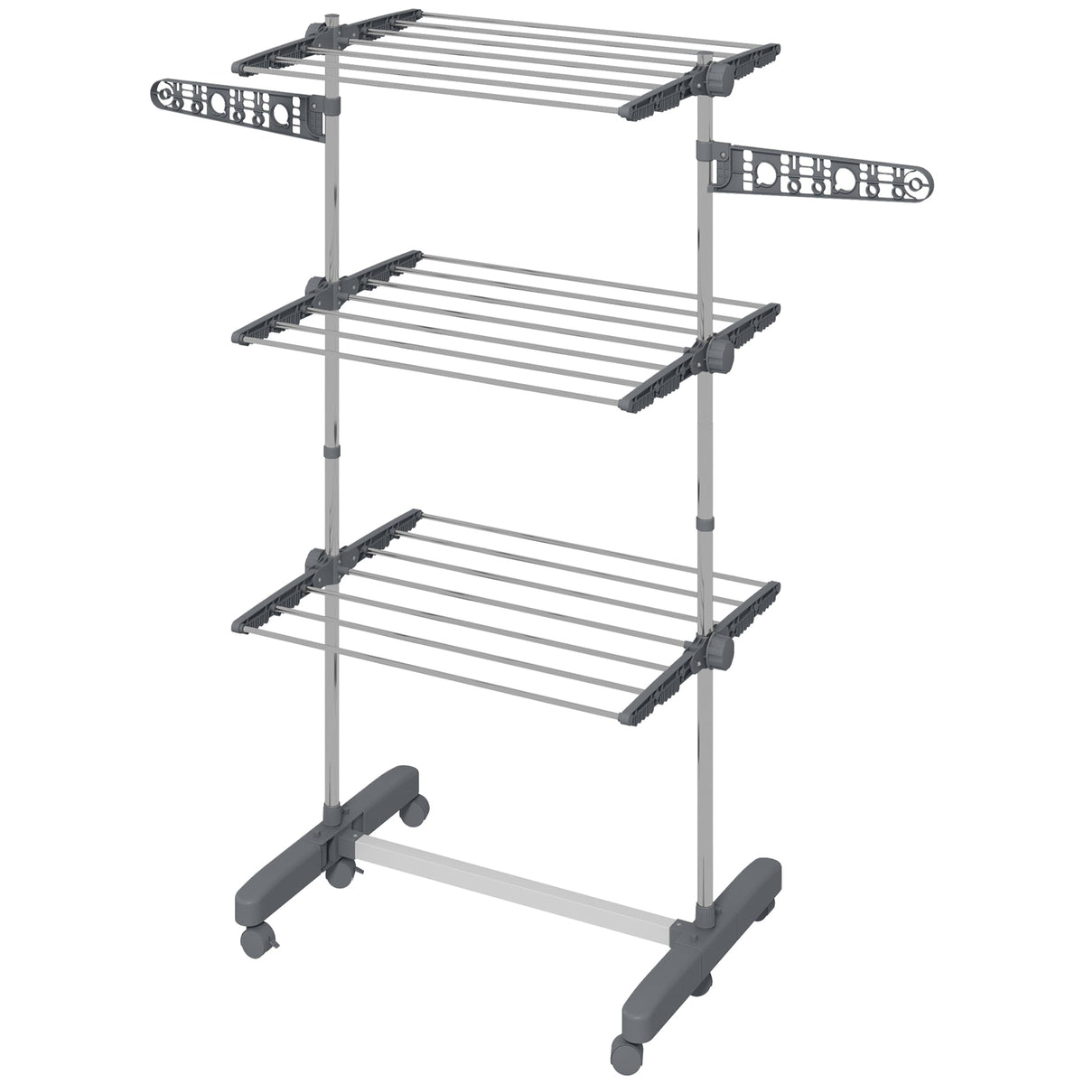 3-Tier Foldable Clothes Drying Rack, Stainless Steel Laundry Rack with 2 Side Wings and 6 Castors, Collapsible Adjustable Clothes Airer for Indoor Outdoor, Blue