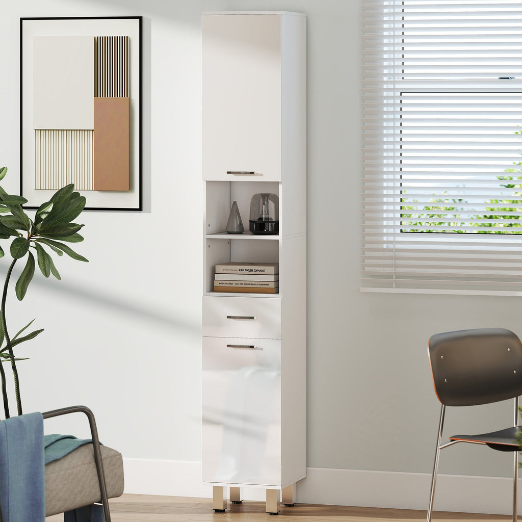 71" Tall Bathroom Storage Cabinet, Narrow Linen Tower with Drawer, Open Shelves, 2 Doors Cabinets and Adjustable Shelves, High Gloss White