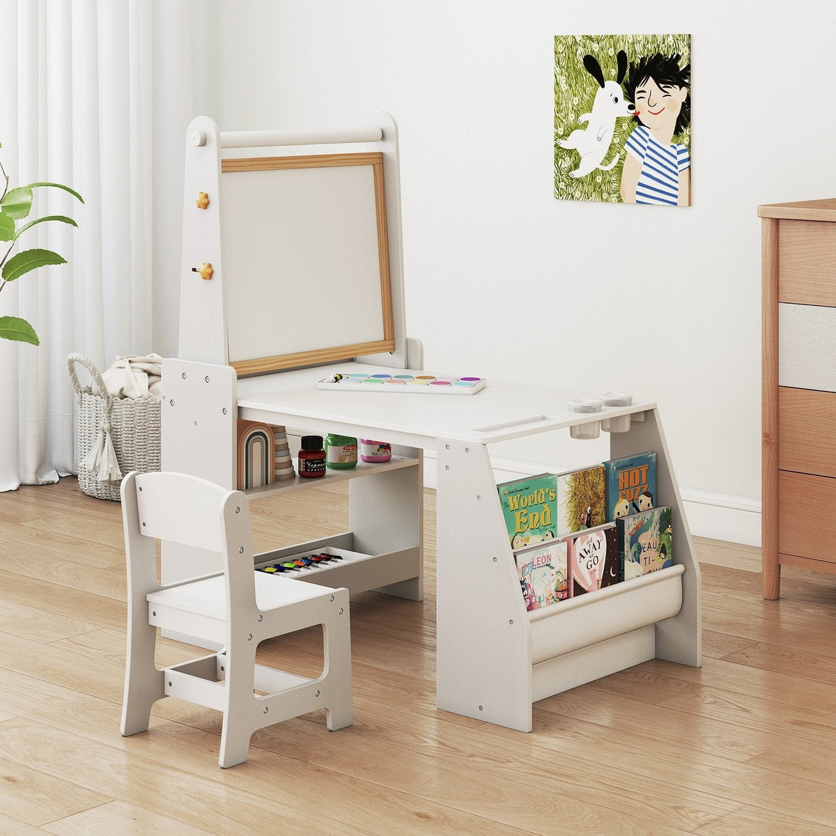 Kids Art Table and Chair Set with Easel and Chair for Drawing Reading-Grey