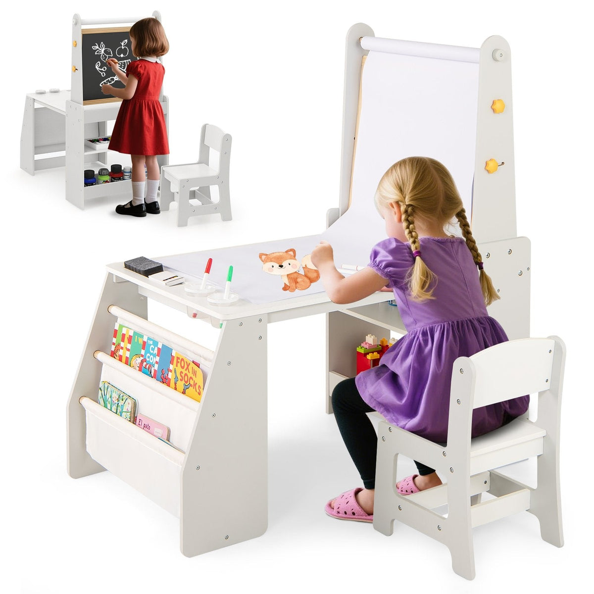 Kids Art Table and Chair Set with Easel and Chair for Drawing Reading-Grey