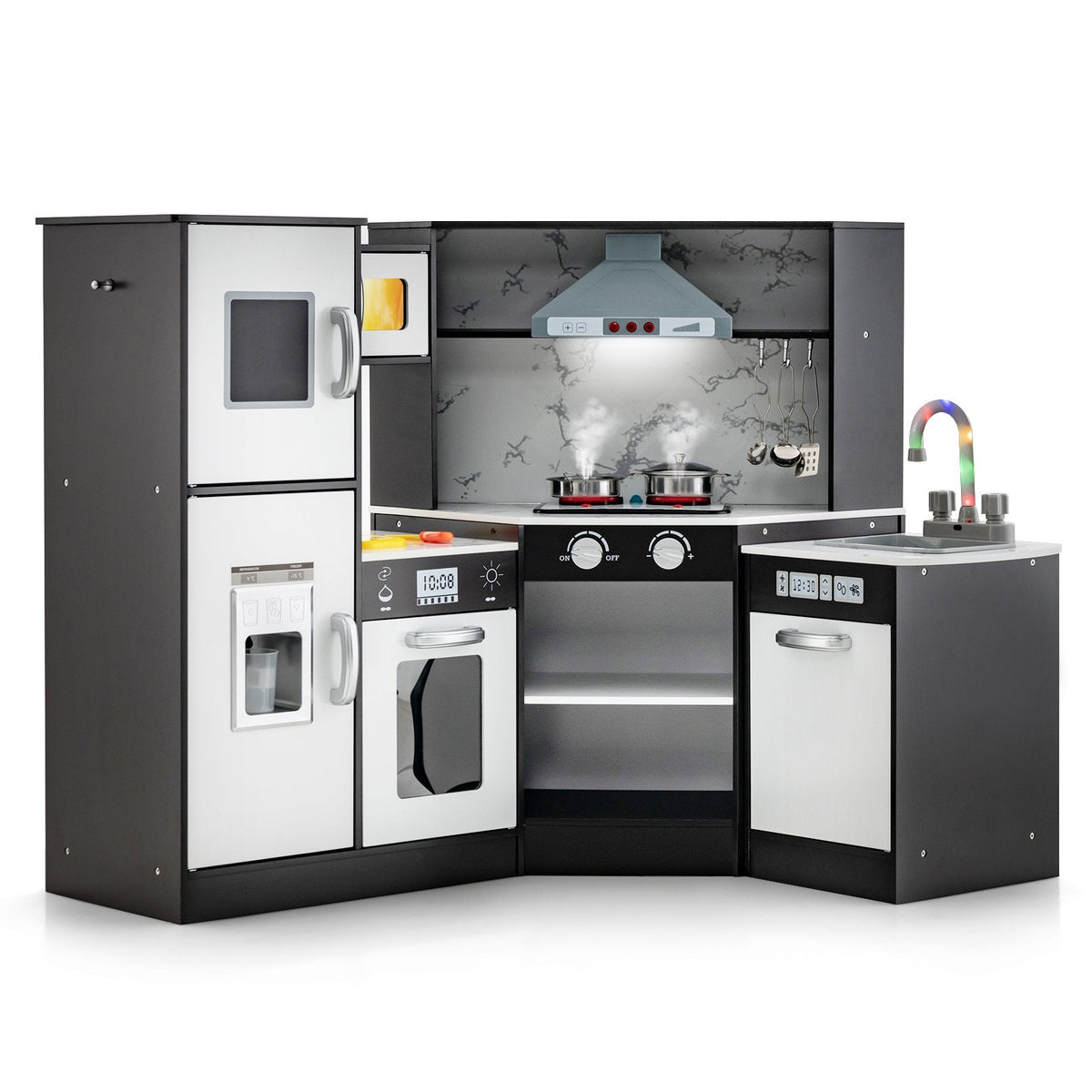 Coffee Brown Corner Play Kitchen with Separate Washing Basin and Light Up Tap