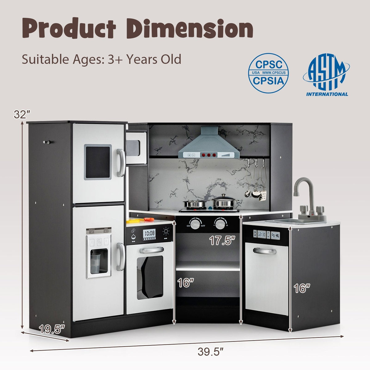 Coffee Brown Corner Play Kitchen with Separate Washing Basin and Light Up Tap