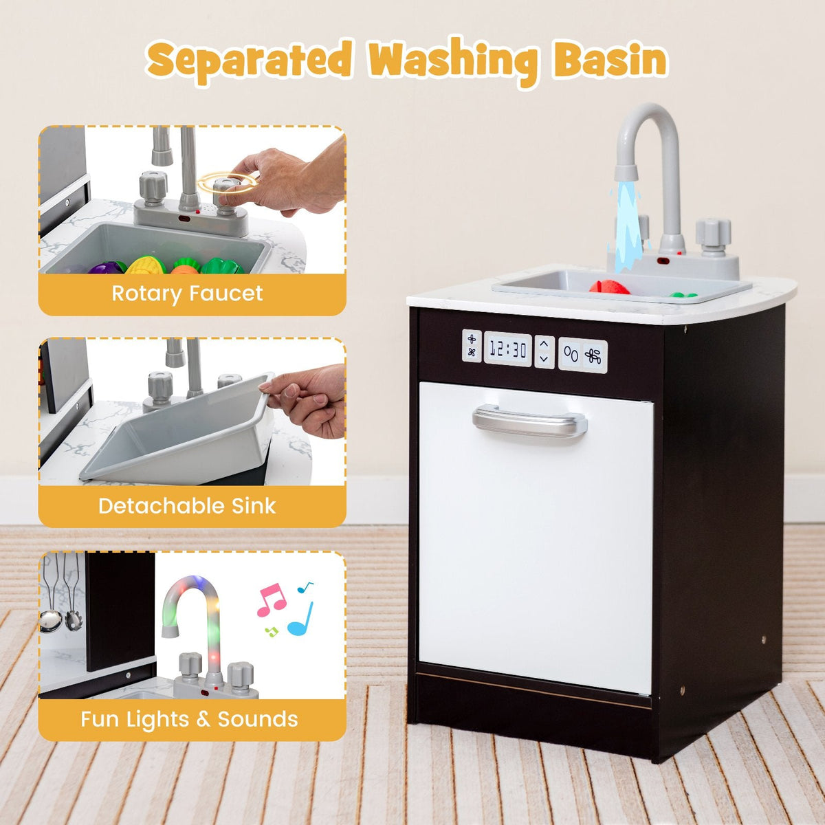 Coffee Brown Corner Play Kitchen with Separate Washing Basin and Light Up Tap