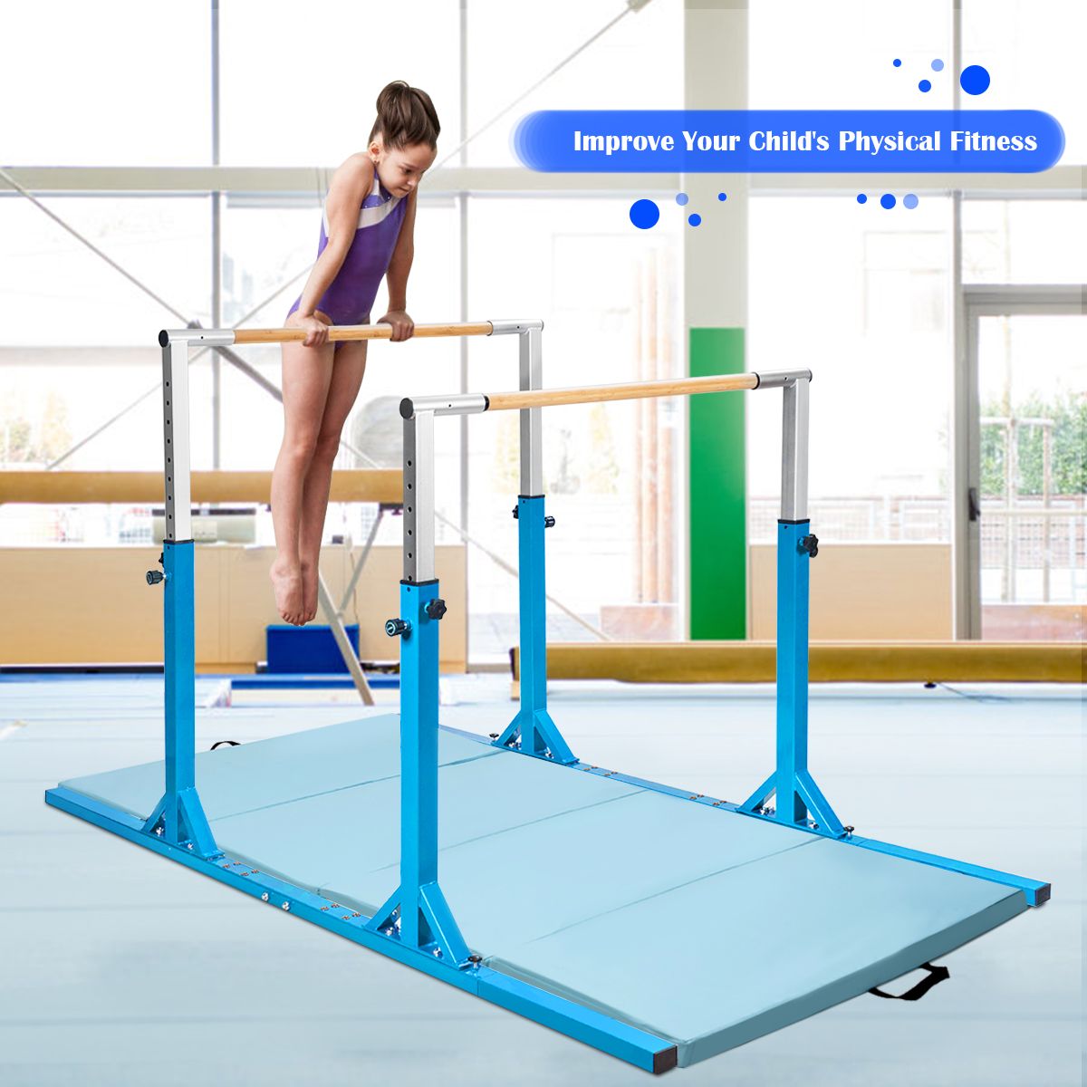 Kids Double Horizontal Bars Gymnastic Training Parallel Bars Adjustable-Blue