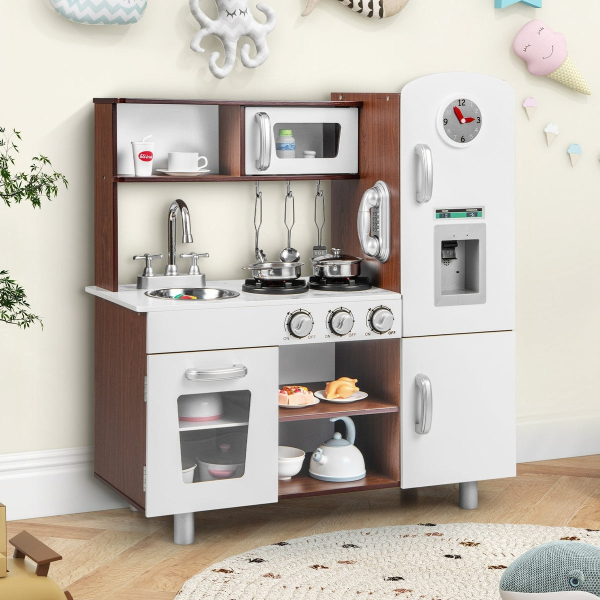Retro Brown and White Play Kitchen with Clock Fridge, Ice Maker and Light Up Burners