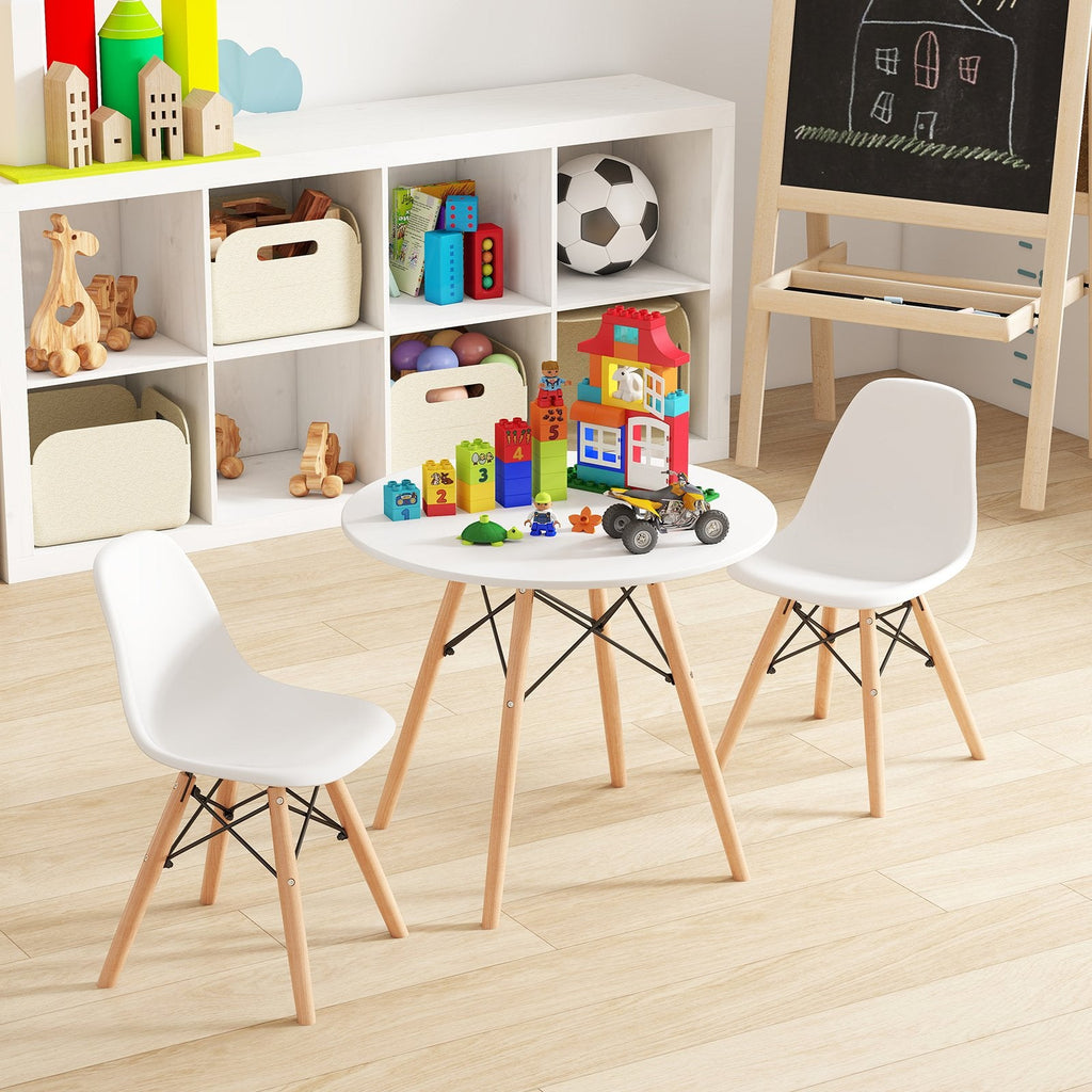 Kids Round Table and 2 Armless Chair Set, White with Beech Legs