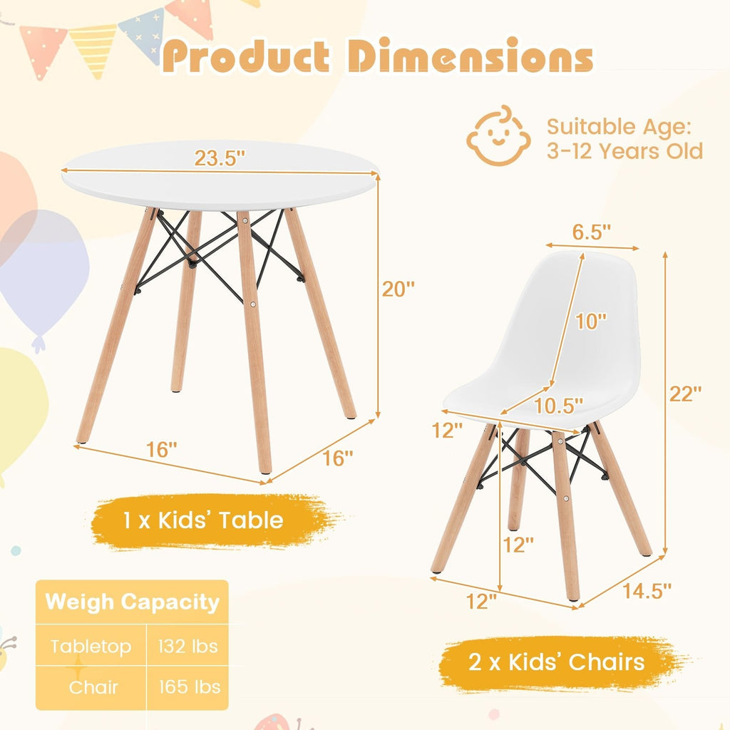 Kids Round Table and 2 Armless Chair Set, White with Beech Legs