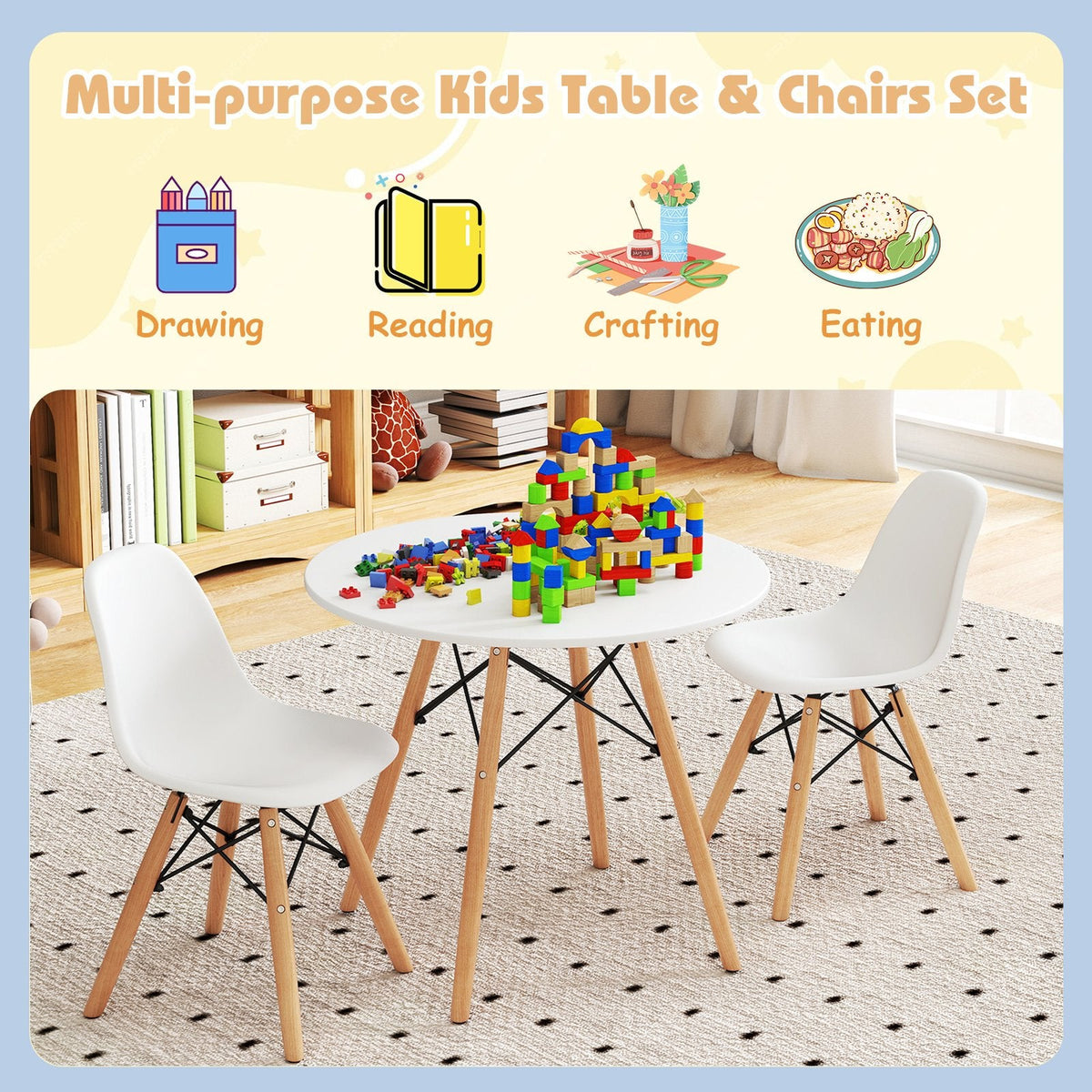 Kids Round Table and 2 Armless Chair Set, White with Beech Legs