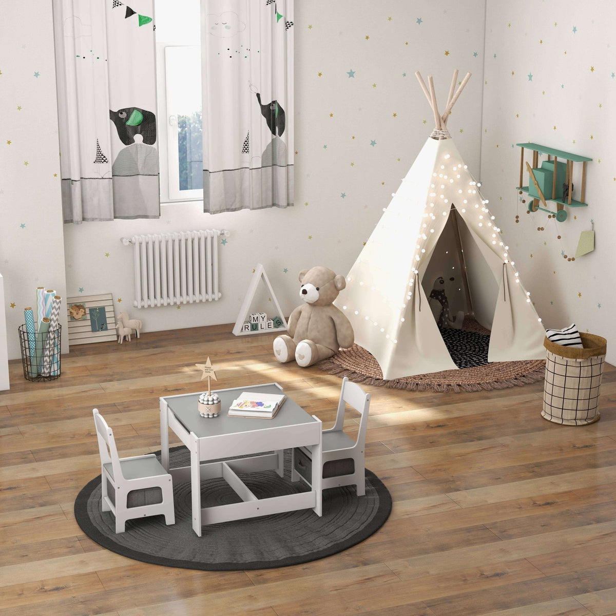3 Piece Kids Table and 2 Chair Set with Reversible Board Top and Storage, White and Grey