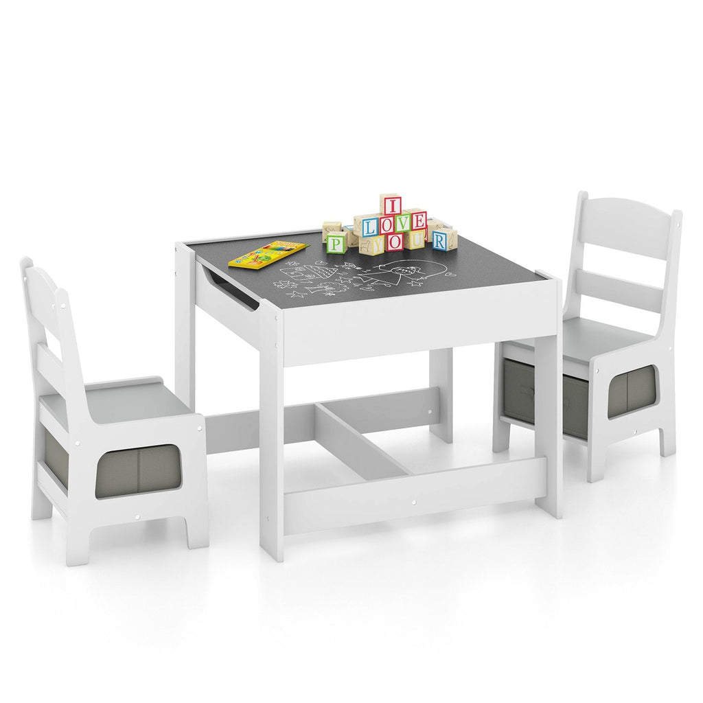 3 Piece Kids Table and 2 Chair Set with Reversible Board Top and Storage, White and Grey