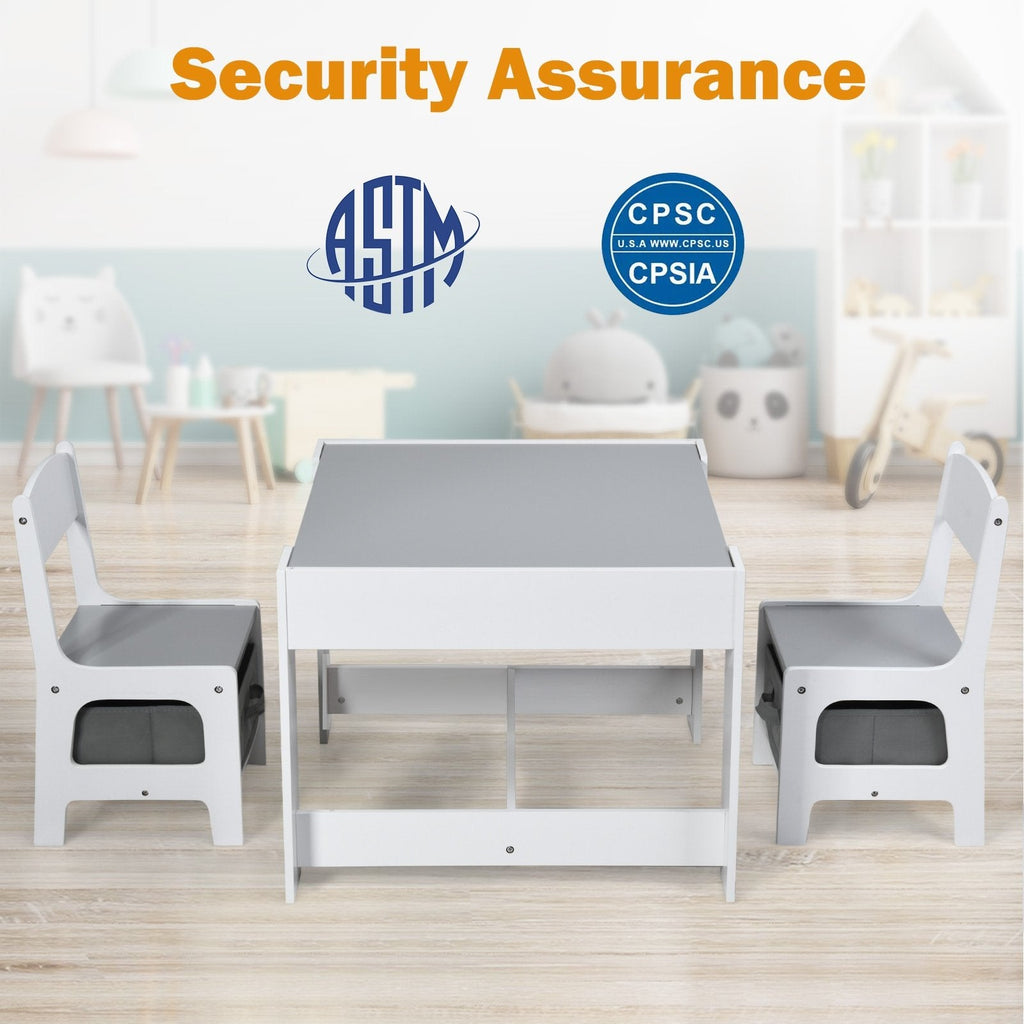 3 Piece Kids Table and 2 Chair Set with Reversible Board Top and Storage, White and Grey