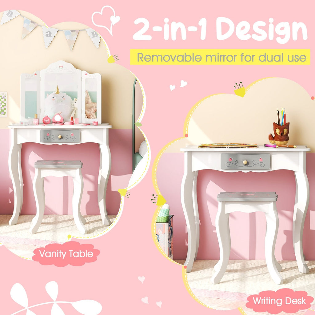 Kids Vanity Set with Tri-folding Mirror-White