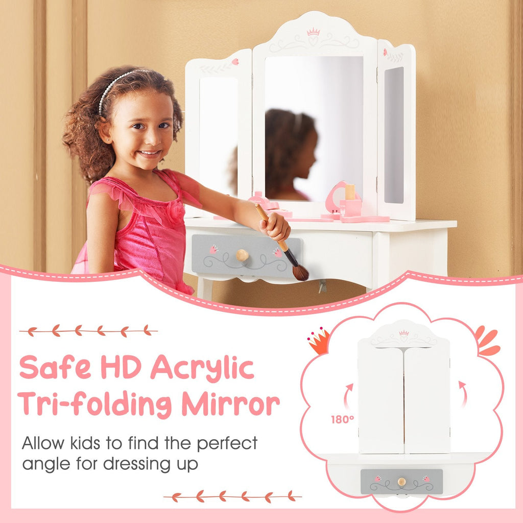 Kids Vanity Set with Tri-folding Mirror-White