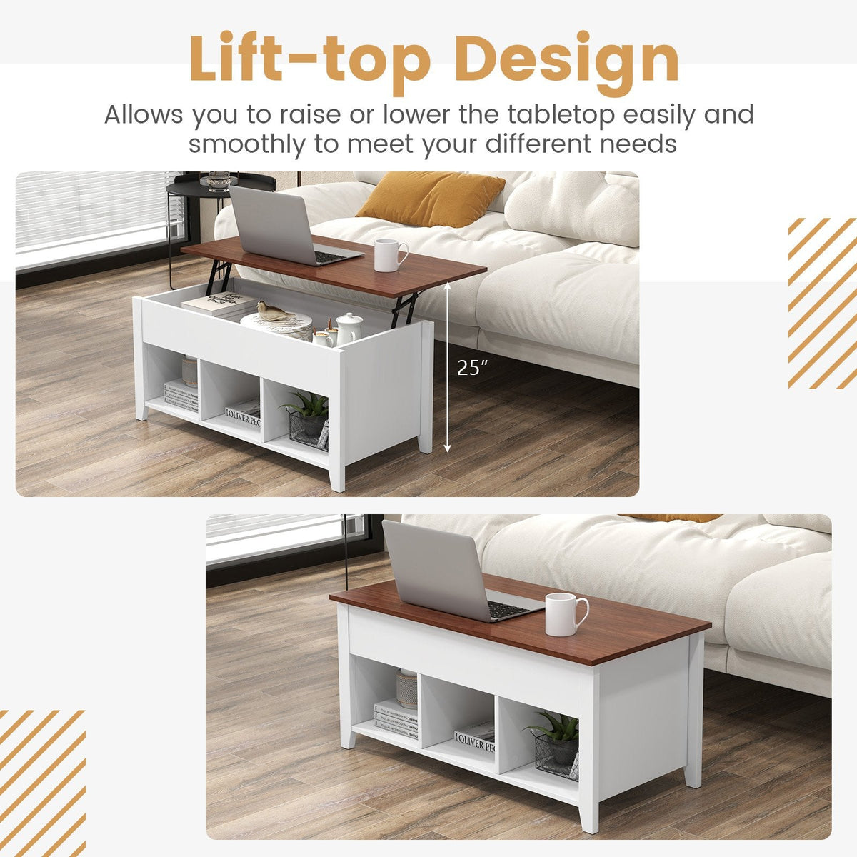 Lift Top Coffee Table with Hidden Compartment and 3 Open Storage Cubes, White and Walnut