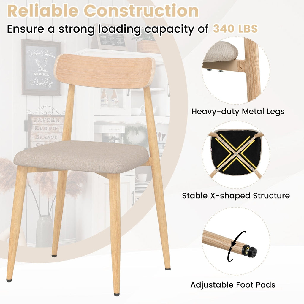 Set of 2 Modern Dining Chairs, Oak Look Metal Legs and Curved Back with Beige Linen Seat, 340 lb