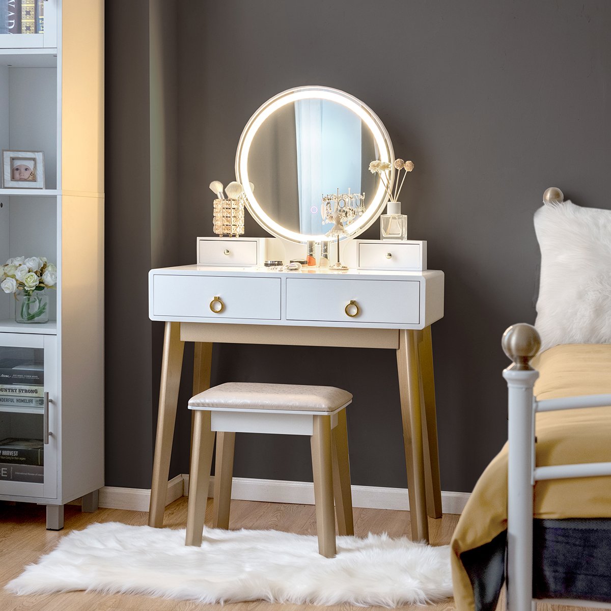 Set 3 Makeup Vanity Table Color Lighting Jewelry Divider Dressing Table-White