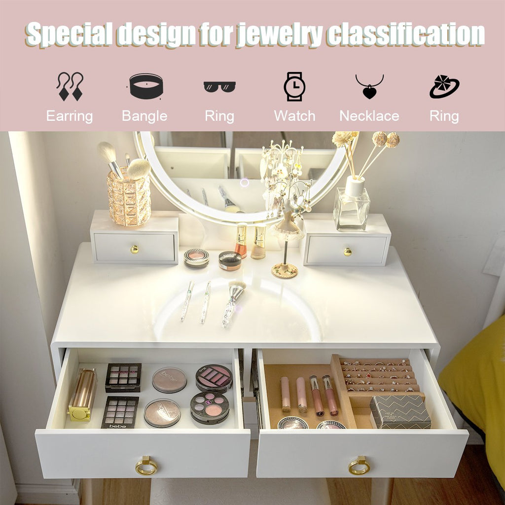 Set 3 Makeup Vanity Table Color Lighting Jewelry Divider Dressing Table-White