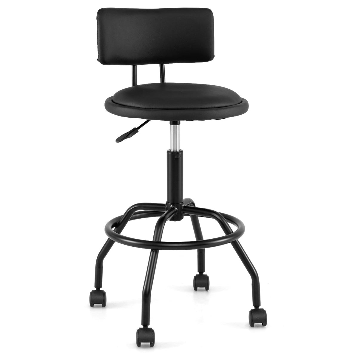 Rolling Adjustable Bar Stool with Backrest and Four Castors, 26 to 30.5 Inch Seat
