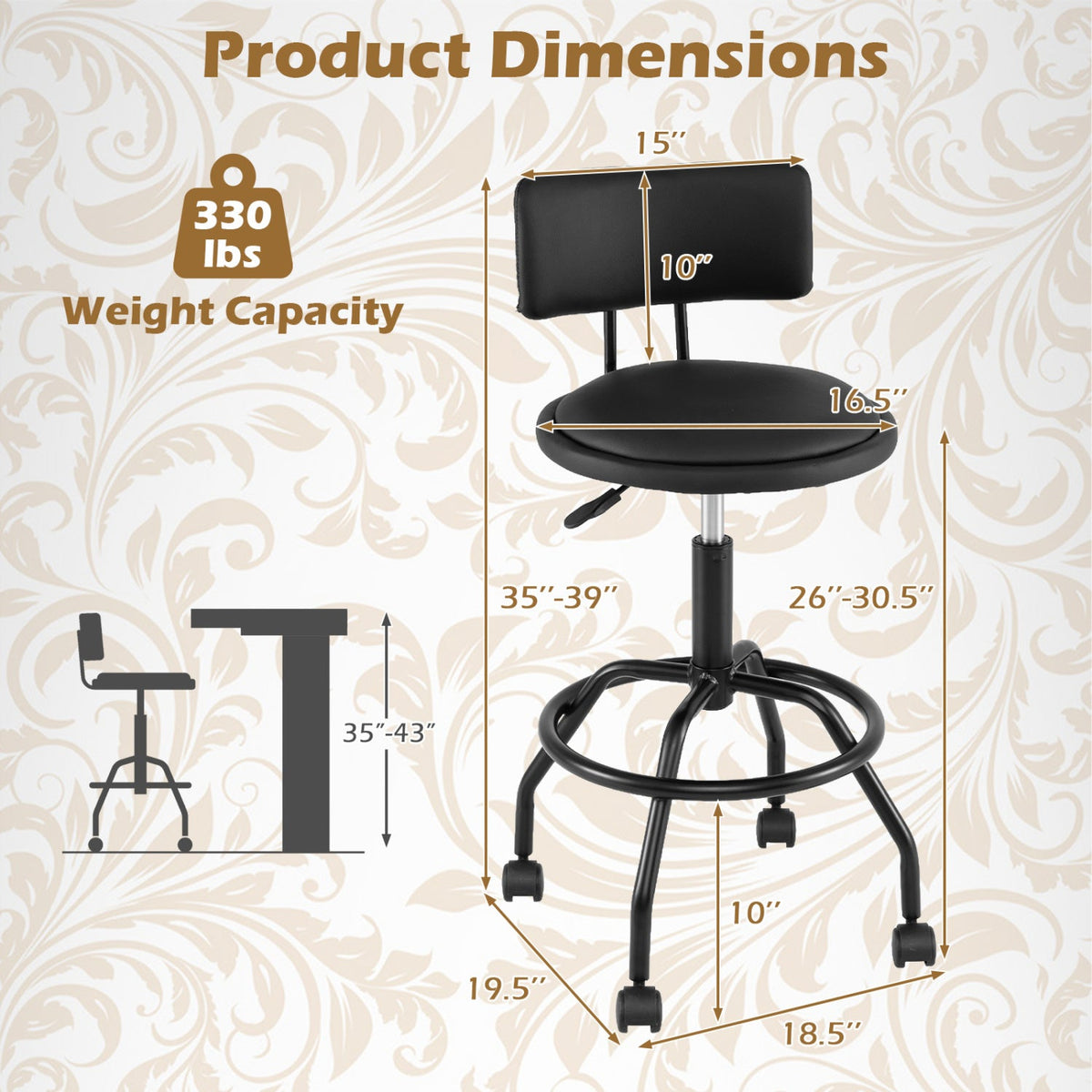 Rolling Adjustable Bar Stool with Backrest and Four Castors, 26 to 30.5 Inch Seat