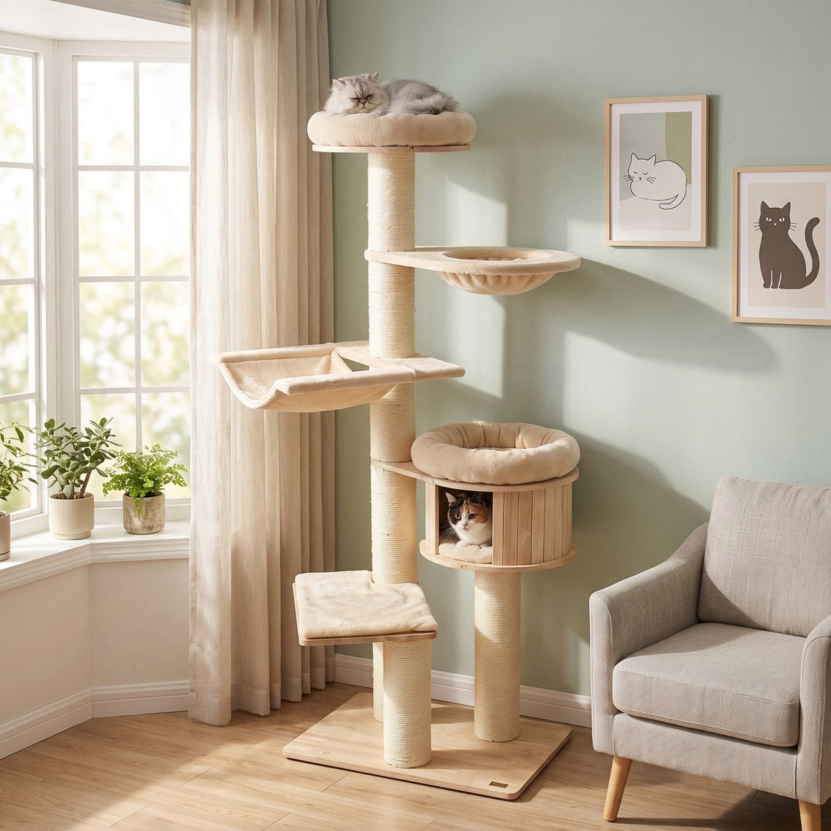 75.5 Inch Cat Tree with a Pine Condo, Swivel Hammock and Hanging Basket