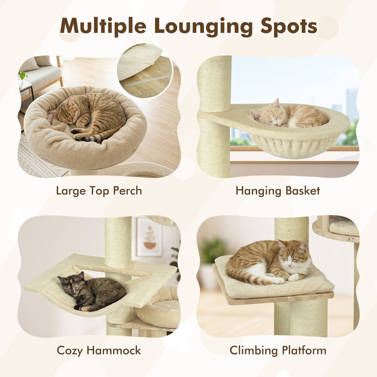 75.5 Inch Cat Tree with a Pine Condo, Swivel Hammock and Hanging Basket