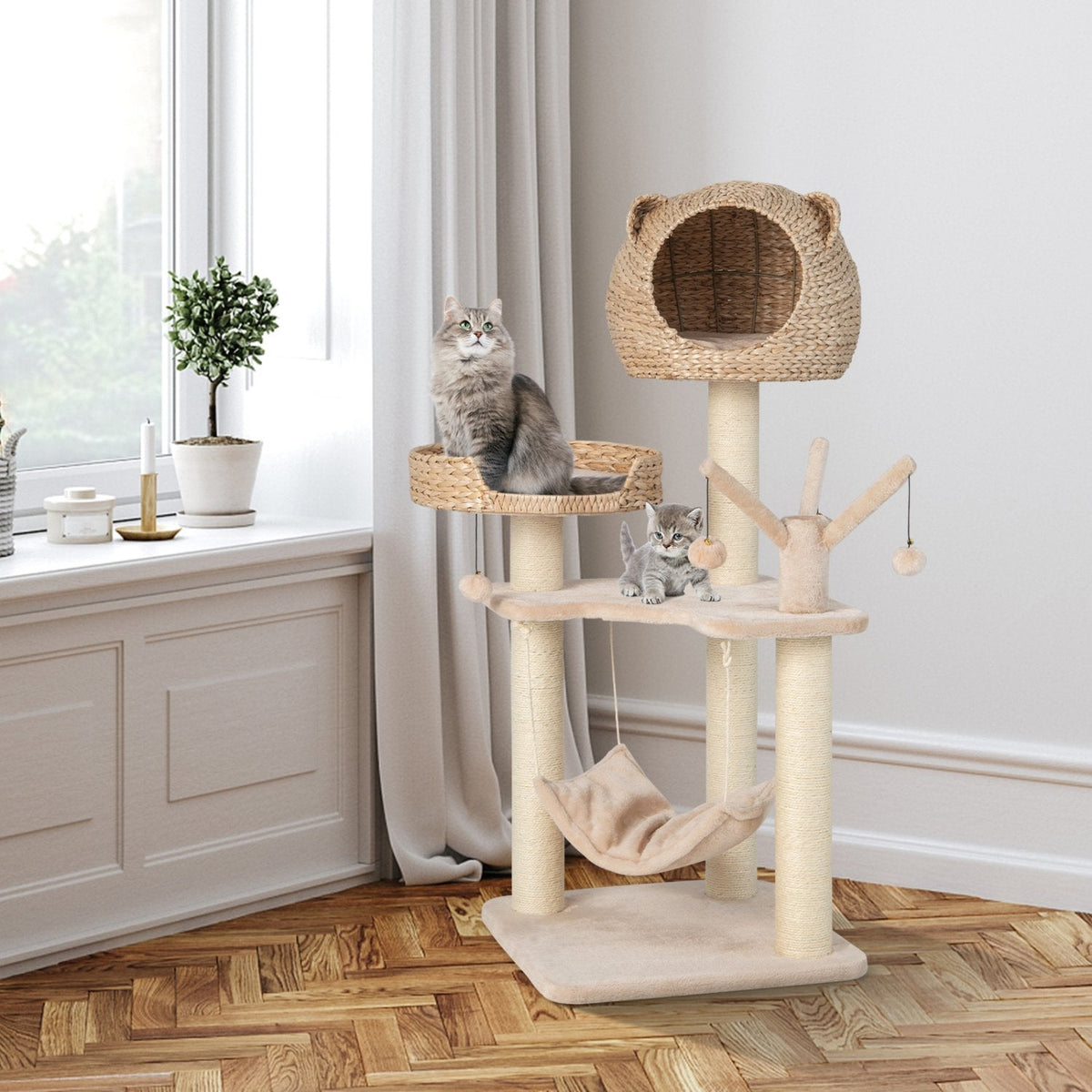 Natural Cattail Cat Tree 48 Inches with Five Layers and a Woven Condo