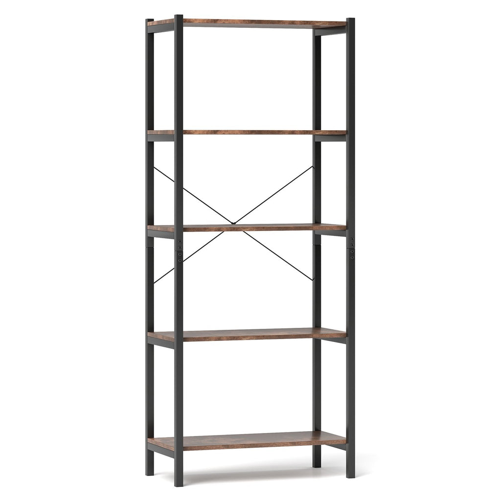 Industrial 5 Shelf Open Bookcase, Rustic Brown Wood with Black Metal Frame