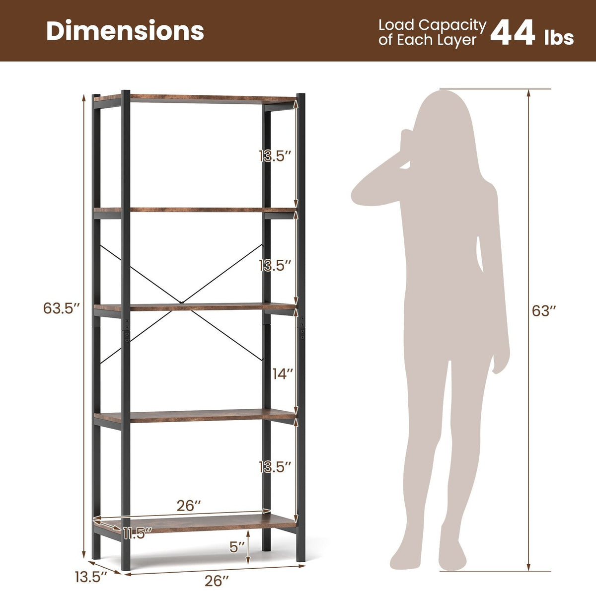 Industrial 5 Shelf Open Bookcase, Rustic Brown Wood with Black Metal Frame
