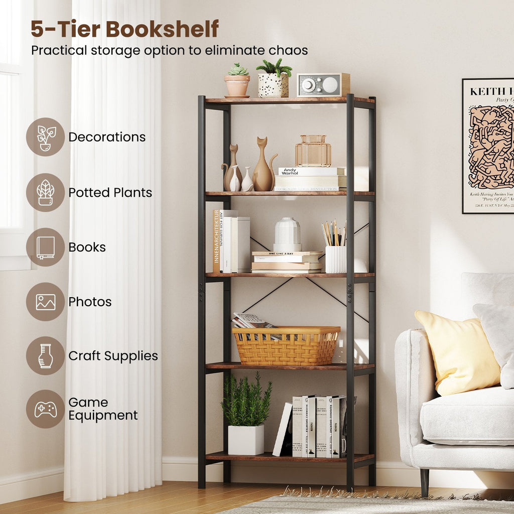Industrial 5 Shelf Open Bookcase, Rustic Brown Wood with Black Metal Frame