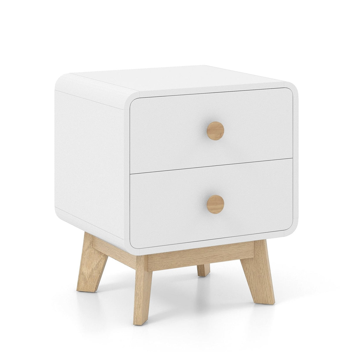 Nightstand with 2 Drawers and Solid Rubber Wood Legs, White