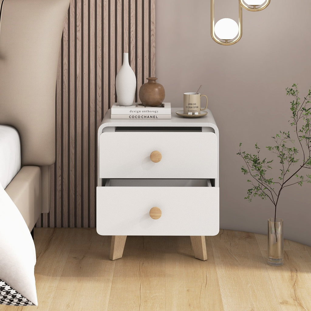 Nightstand with 2 Drawers and Solid Rubber Wood Legs, White