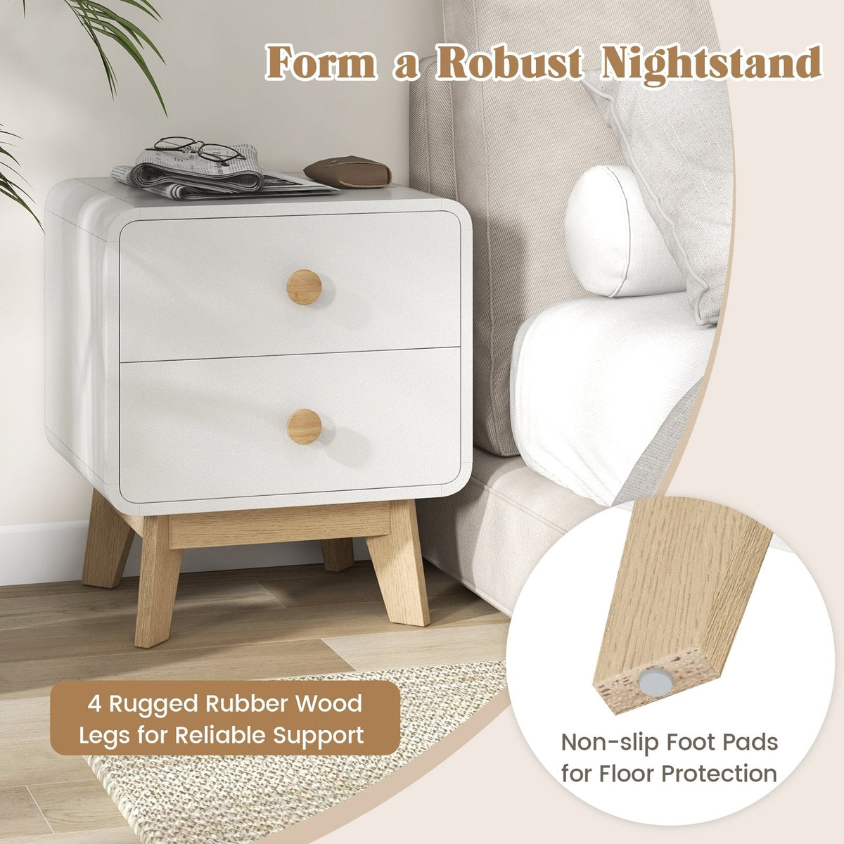 Nightstand with 2 Drawers and Solid Rubber Wood Legs, White