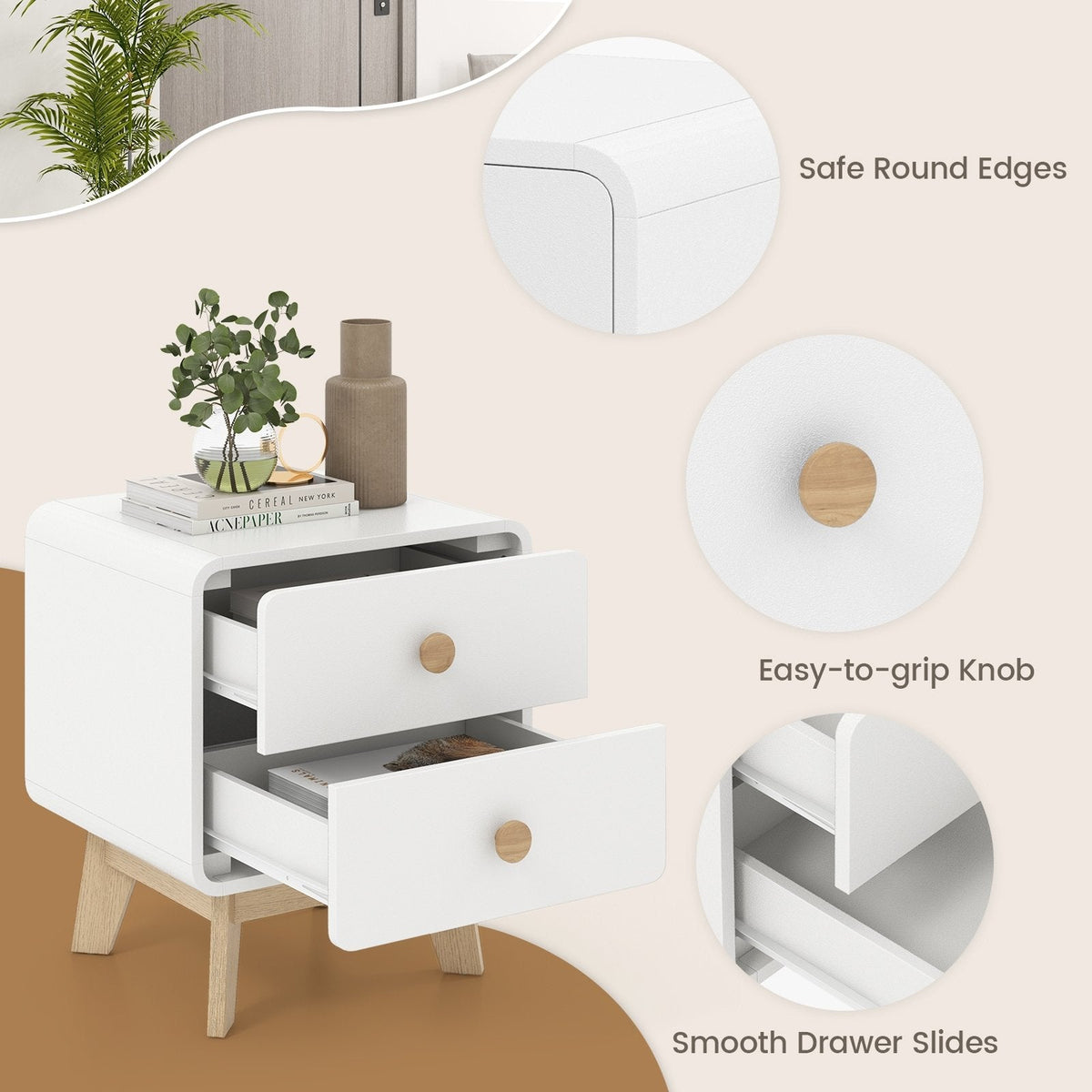 Nightstand with 2 Drawers and Solid Rubber Wood Legs, White