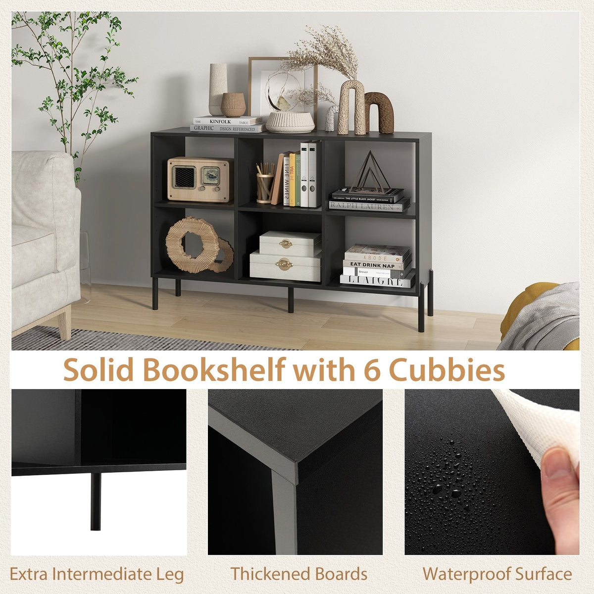 Open Back 6 Cube Bookshelf in Black, 47 Inch Low Bookcase on Metal Legs