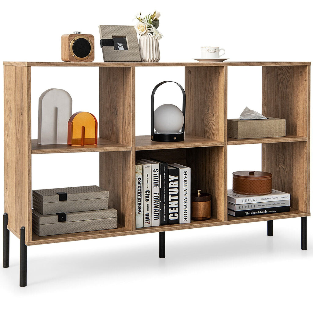 6 Cube Open Back Bookcase on Metal Legs, Low Storage Unit, Natural Wood Look
