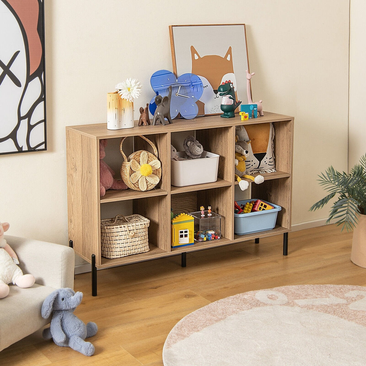 6 Cube Open Back Bookcase on Metal Legs, Low Storage Unit, Natural Wood Look