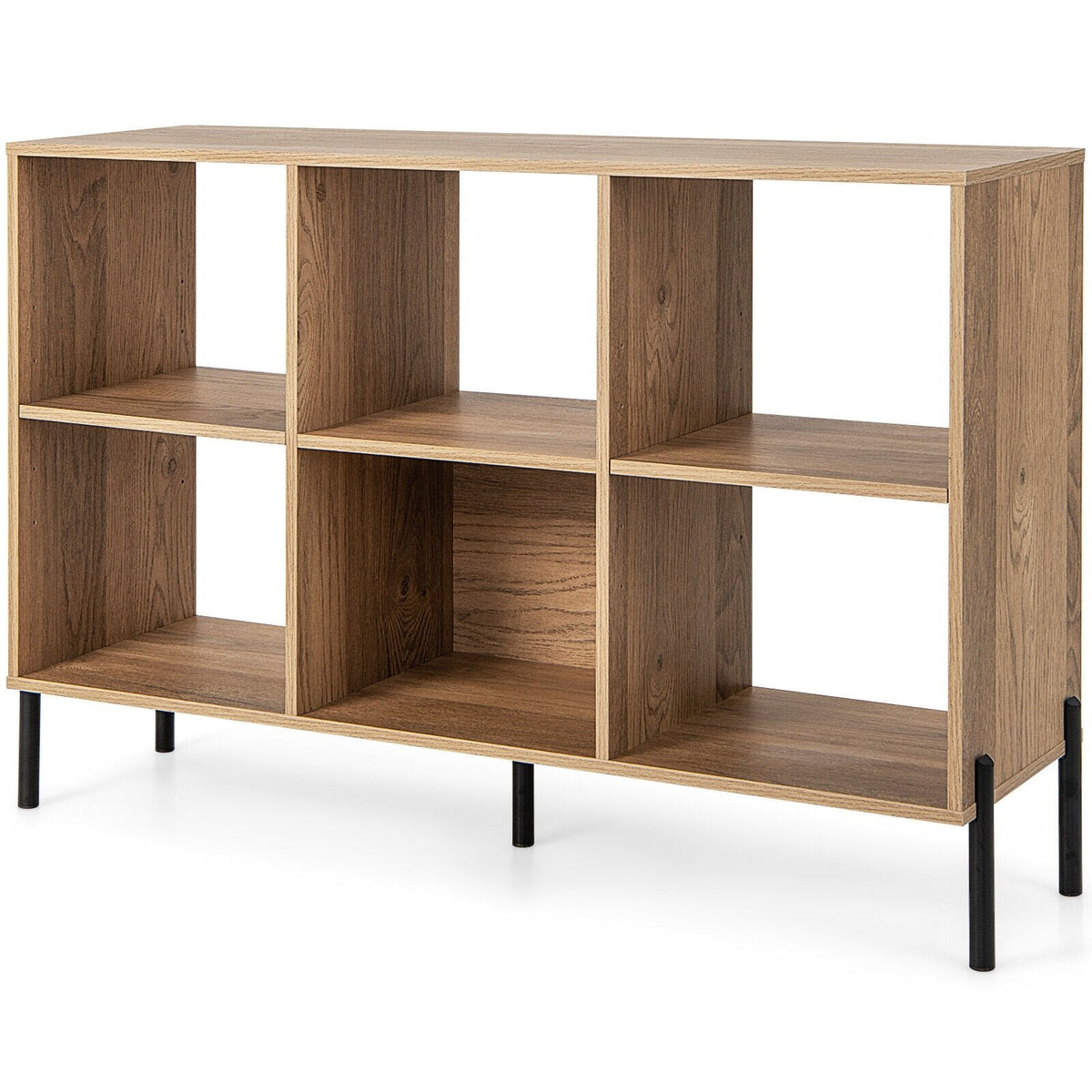 6 Cube Open Back Bookcase on Metal Legs, Low Storage Unit, Natural Wood Look